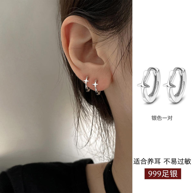 C廠-999純銀十字星耳環簡單設計個性ins風百搭潮流飾品氣質女「EH-2051