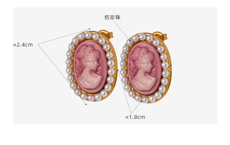 B廠-日韓仙氣粉色耳環簡約橢圓形卡通人像仿珍珠耳釘ins風淑女耳飾品「F766」23.04-1 - 安蘋飾品批發